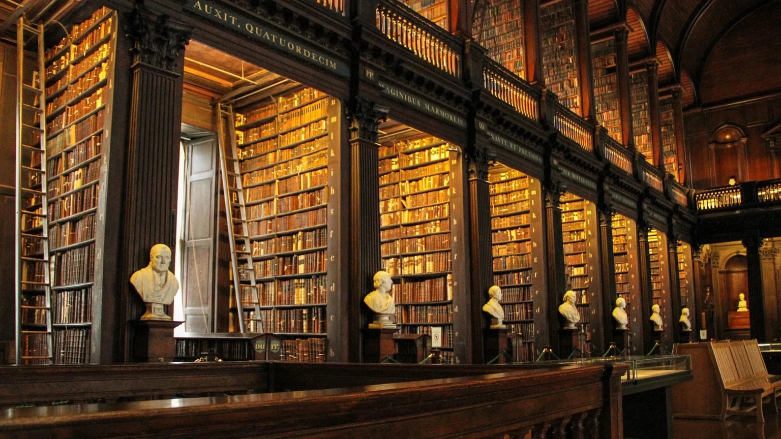 Historic library hall with towering wooden bookshelves, rolling ladders, and a row of white marble busts lit by warm golden light.