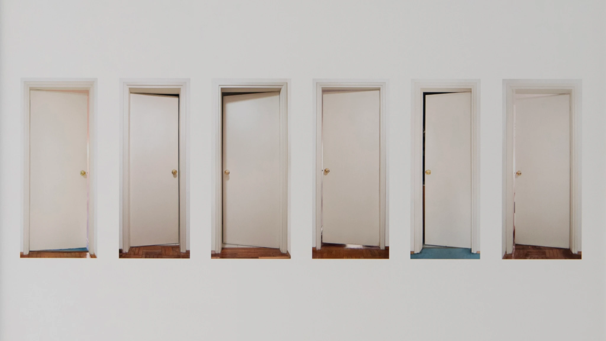 Alejandro Cesarco, All the Doors of My Mother’s Home, 2022, inkjet print showing six white interior doors slightly ajar, installed in sequence.